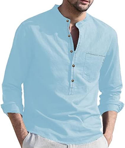 Sonbahar Gömlek Mens Erkekler İlkbahar ve Sonbahar Düz Renk Üst Gömlek Casual Pamuk Keten Standı Kısa Balıkçı Yaka