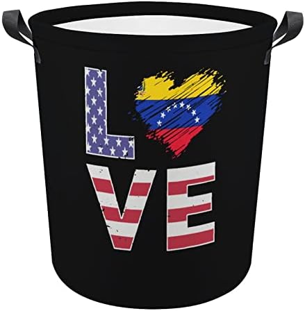 ABD Venezuela Bayrağı Kalp çamaşır kollu sepet Yuvarlak Katlanabilir çamaşır sepeti Depolama Sepeti Yatak Odası Banyo