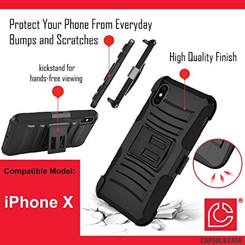iPhone X Kılıf, kapsül-Kılıf Hibrid Çift Katmanlı Savaş Tam Zırh Tarzı Kickstand Kılıf Kılıf Combo ile (Siyah) iPhone