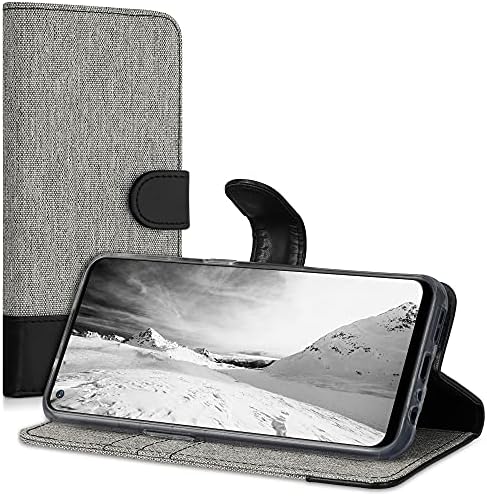 kwmobile Cüzdan Kılıf OnePlus Nord N100 ile Uyumlu - Kılıf Kumaş ve Suni Deri Telefon Kapak Çevirin-Gri / Siyah