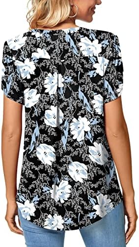 Bayan Yaz V Boyun Üstleri Rahat Petal Kısa Kollu Moda Bluzlar Sevimli Çiçek Baskı Gevşek Fit Tişörtleri Siyah