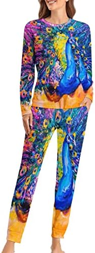 Renkli Tavuskuşu kadın Pijama Seti İki Parçalı Uzun Kollu Üst ve Pantolon Pijama Baskı Salonu