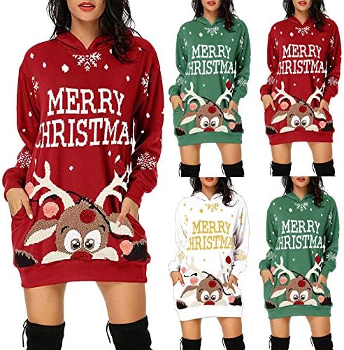 TİMİFİS Noel kapüşonlu elbise Kadınlar için Uzun Kollu Kapşonlu Kazak Tişörtü Komik Ren Geyiği Santa Baskı Tunik Üstleri