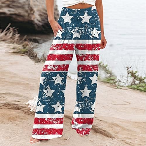 4 temmuz Keten Geniş Bacak Pantolon Kadınlar için Amerikan Bayrağı Elastik Dantelli Yüksek Bel Geniş Bacak cepli pantolon