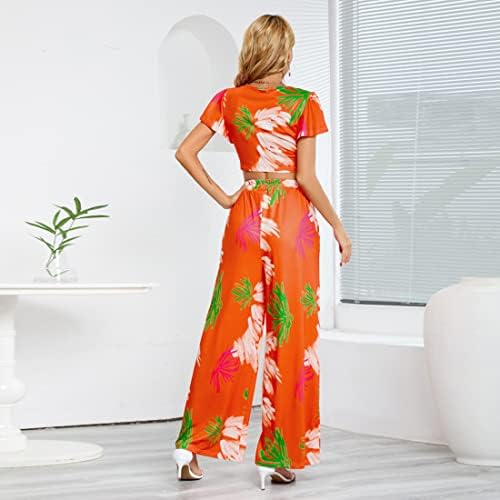 MOONCOLOUR Bayan 2 Parça Kıyafetler Kadınlar için, kısa Kollu Mahsul Tops Geniş Bacak Uzun Palazzo Pantolon Koşu Loungewear