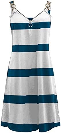 Oplxuo Elbiseler Kadınlar için 2023 Yaz Şerit Baskı Plaj Boho Sundress Casual Zip Up V Boyun Gizlemek Göbek Kolsuz