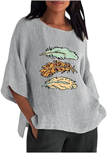 2023 Yaz Pamuk Keten Gömlek Kadınlar için 3/4 Kollu Vintage Artı Boyutu Tunik Üstleri Moda Baskı Crewneck Tees Bluzlar