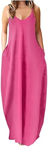 Artı Boyutu Yaz Elbiseler Maxi Kadın Yaz Uzun Spagetti Kayışı Kolsuz Casual Uzun Maxi Elbise Cepler ile