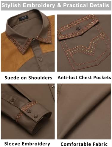 COOFANDY erkek Batı Kovboy Gömlek Işlemeli Uzun Kollu Slim Fit Casual Pamuk Düğme Aşağı Hippi Gömlek Cepler ıle