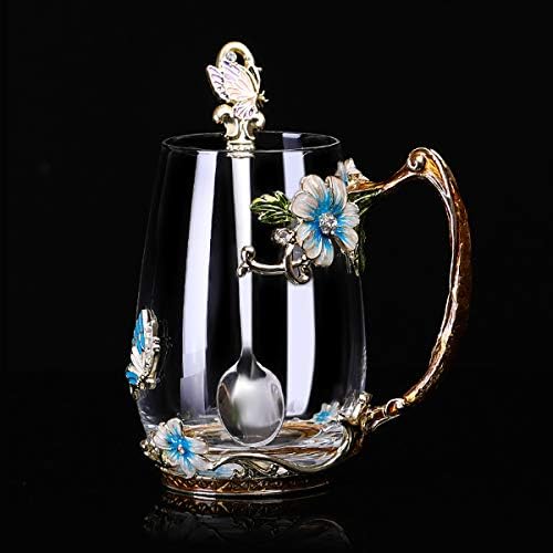 Luka Teknoloji Emaye Kelebek çiçekli cam kaşıklı kupa, Kadınlar İçin Hediyeler Eşi Anne Arkadaşlar Doğum Günü Anneler