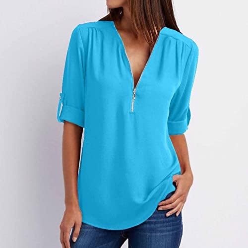 Kadın Kaflı Kollu Tunik Gömlek Yaz Zip Up V Boyun Üst Tişörtleri İş Rahat Çalışma Bluz Flowy Şifon T-Shirt