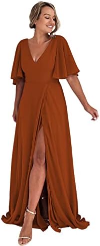 Taozhıqu Fırfır Kollu Şifon Gelinlik Modelleri Uzun Yarık Bir Çizgi V Boyun Düğün Akşam Parti Kıyafeti Balo Elbise