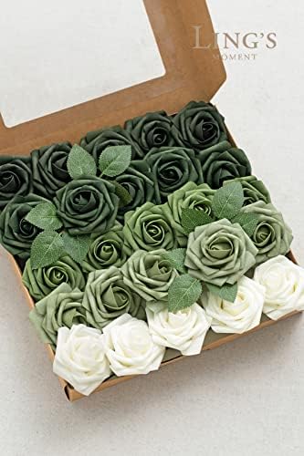 Ling's Moment yapay çiçekler Orman Yeşil Ombre Renk Köpük Sahte Güller Kaynaklanıyor 25 adet DIY Düğün Buketleri Gelin