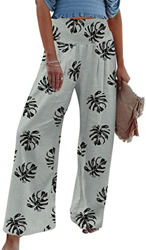 Pamuk Keten Pantolon Kadınlar için, Yaz Plaj Geniş Bacak Gevşek Fit Moda Yoga Pantolon Tropikal Çiçek cepli pantolon