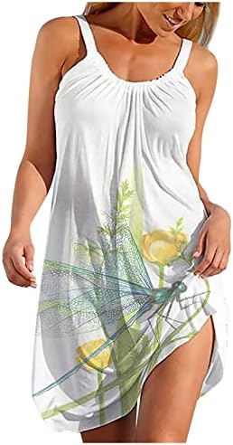 Kadın Yaz Plaj Elbiseleri Rahat V Boyun Spagetti Sapanlar Çiçek Tankı Elbise Baskılı Gevşek Kolsuz Salıncak Mini Güneş