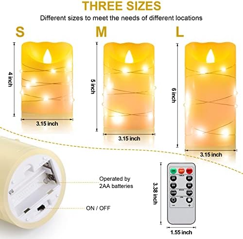 Alevsiz titrek mum, Sütun mum,gömülü dize ışıkları ile, Uzaktan kumandalı 3 paket LED romantik mum, pille çalışan