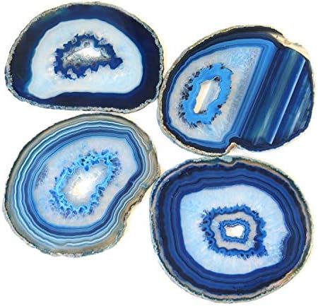 Sharvgun Mavi renk 3.5-4 inç Doğal Dilimlenmiş Akik Coaster Kauçuk Tampon ile 4 Set Hint Usta Tarafından Yapılan