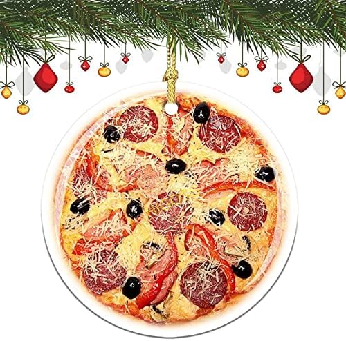 Pepperoni Pizza Ağacı Asılı Noel Süs Porselen Çift Taraflı Seramik Süsleme, 3 İnç