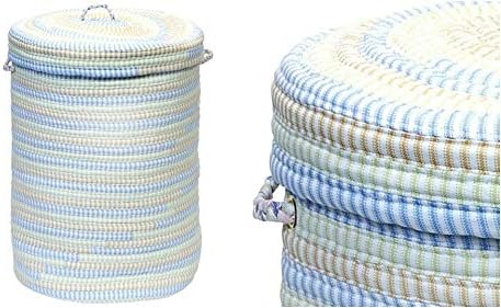 7413-Çamaşır Malzemeleri-Mavi Şeritli Kapaklı Kumaş Sepet-MN39