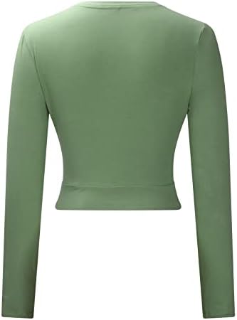 Kadın Kırpma Üstleri Kravat Ön Uzun Kollu Düz Renk Kırpılmış Gömlek Casual Ekip Boyun Slim Fit Bluz Kesip
