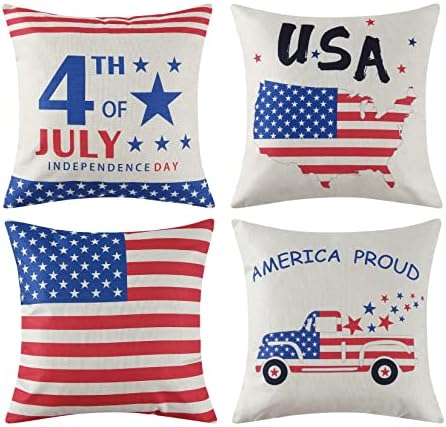 CAREMEE 4th Temmuz Süslemeleri Yastık Kapakları 4 Set 18x18 inç Bağımsızlık Günü Yastık Kılıfı Amerikan Bayrağı Yıldız