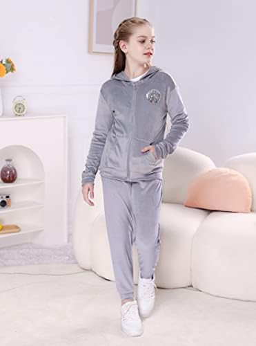 V. & SIRITIŞ Kız Eşofman 2 Parça Kıyafet Kadife fermuarlı kapüşonlu svetşört ve Atletik Sweatpants Giysileri Çocuklar