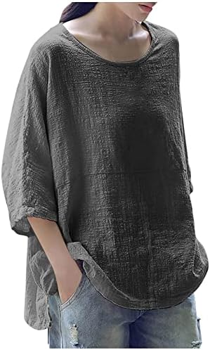 Artı Boyutu Hafif Üstleri Kadınlar için Yuvarlak Boyun 3/4 Kollu Bluz Katı Gevşek Fit Gömlek Mayo Kapak Ups