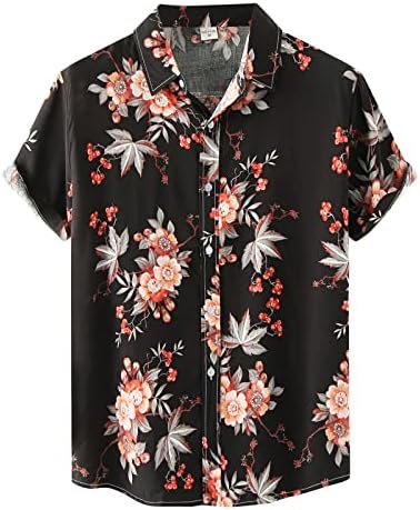 Erkek Rahat Moda Gömlek Üst Çiçek Hawaii Baskılı Üst Gömlek Kısa Kollu Turn-Aşağı Yaka Gevşek Düğme Gömlek Koruma