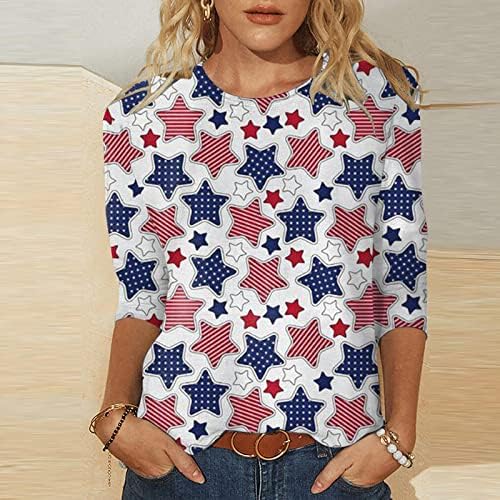 4TH Temmuz Kadınlar için Tops 2023, Seksi Bahar Artı Boyutu 3/4 Kollu T Shirt Bayanlar Ev Tekstili Amerikan Bayrağı
