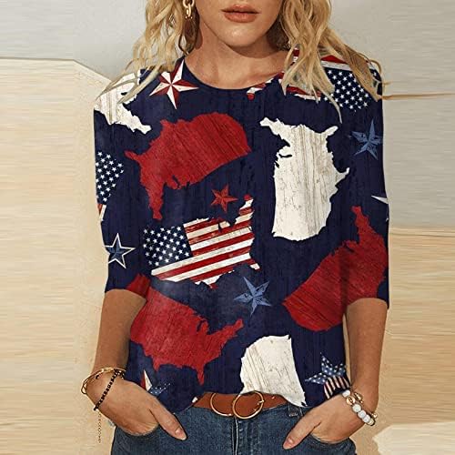 4TH Temmuz Kadınlar için Tops 2023, Seksi Bahar Artı Boyutu 3/4 Kollu T Shirt Bayanlar Ev Tekstili Amerikan Bayrağı