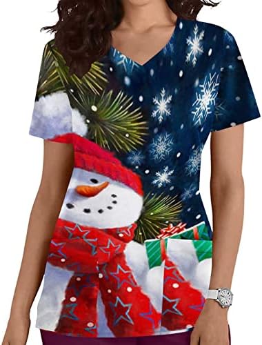 Noel Fırçalama Gömlek Kadınlar için İş Giysisi Cepler ile Tatil İş Üstleri Sonbahar Mock Wrap Scrubs Kısa Kollu V