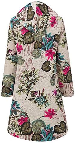 Andongnywell Bayanlar Sıcak Dış Giyim Çiçek Baskı Kapşonlu Vintage Palto Uzun Kollu Dış Giyim Baskı Kapşonlu Palto