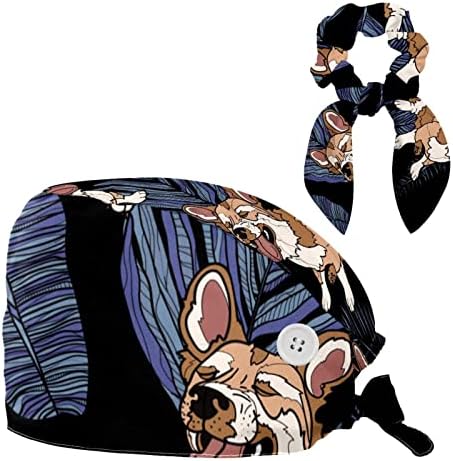 Ayarlanabilir Çalışma Kap Düğmesi ile, Sevimli Köpek Orman Yaprakları Cerrahi Kap Ter Bandı, kravat Geri Şapka Yay