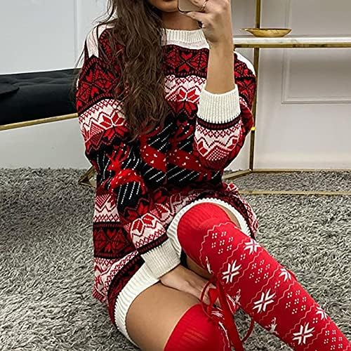 Ruzıyoog Kadın Balıkçı Yaka Uzun Kollu Kazak Elbise Noel Çirkin Ren Geyiği Baskılı Tunik Elbise Örgü Slim Fit Bodycon