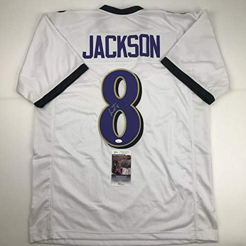 İmzalı / İmzalı Lamar Jackson Baltimore Beyaz Futbol Forması JSA COA