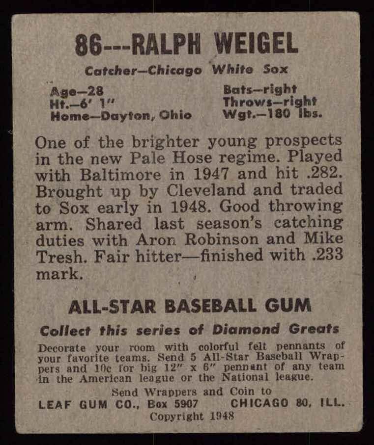 1948 Yaprak 86 Ralph Weigel Chicago White Sox (Beyzbol Kartı) VG/ESKİ White Sox