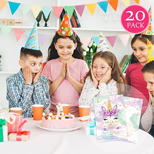 Kızlar için doğum günü Davetiyesi, Mor Bulut Unicorn Doğum Günü Partisi Süslemeleri Malzemeleri, 20 Zarflı 20 adet