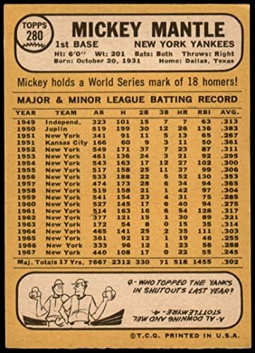 1968 Topps 280 Mickey Mantle New York Yankees (Beyzbol Kartı) VG Yankees