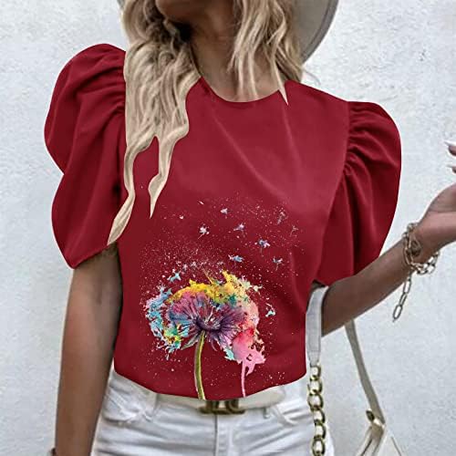 Bayan Tunik Üstleri Plise Çiçek Gömlek 2023 Yaz Moda Baskı Puf Kollu O-boyun Tatil günlük t-Shirt Bluz