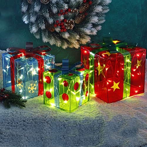 ATDAWN 3 Set Işıklı Hediye Kutuları Noel Süslemeleri, Kar Tanesi Yıldız Önceden aydınlatılmış Hediye Kutuları, noel