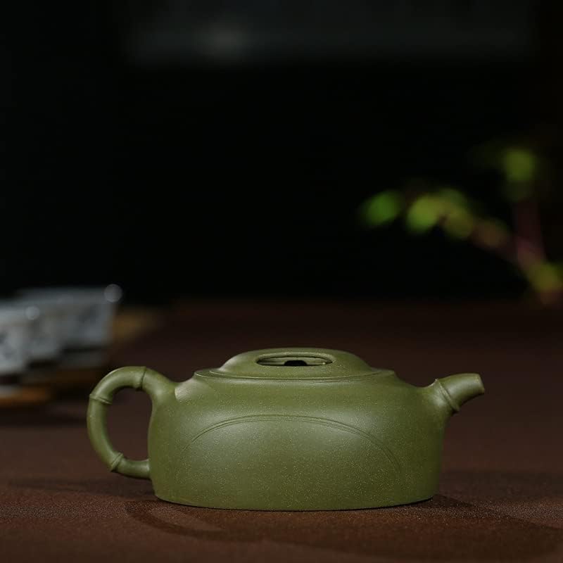 Ünlü el yapımı mor kum pot ham cevher Cumhuriyeti Çin yeşil çamur çay seti inek kapak bambu çaydanlık名家全手工紫砂壶原矿民国绿泥茶具