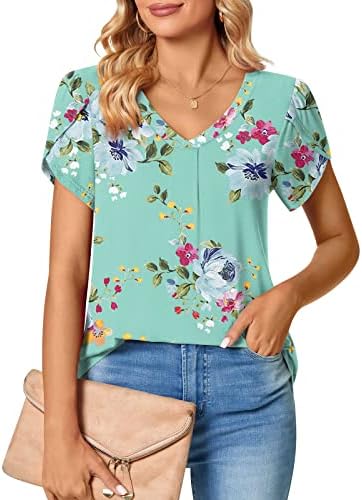 Kadın Casual Tops Petal Kollu V Yaka T Shirt 2023 Yaz T-Shirt Sevimli Çiçek Baskılı Gevşek Tunikler Şık Bluzlar