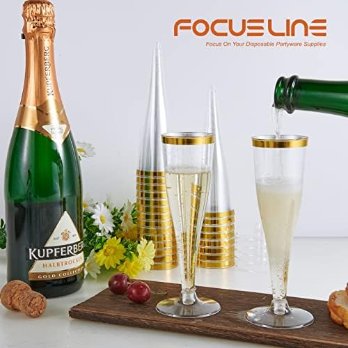 FOCUSLİNE 100 Paket Plastik Şampanya Flütleri, 4.5 Oz Altın Jant Plastik Şampanya Bardakları, Tek Kullanımlık Şeffaf