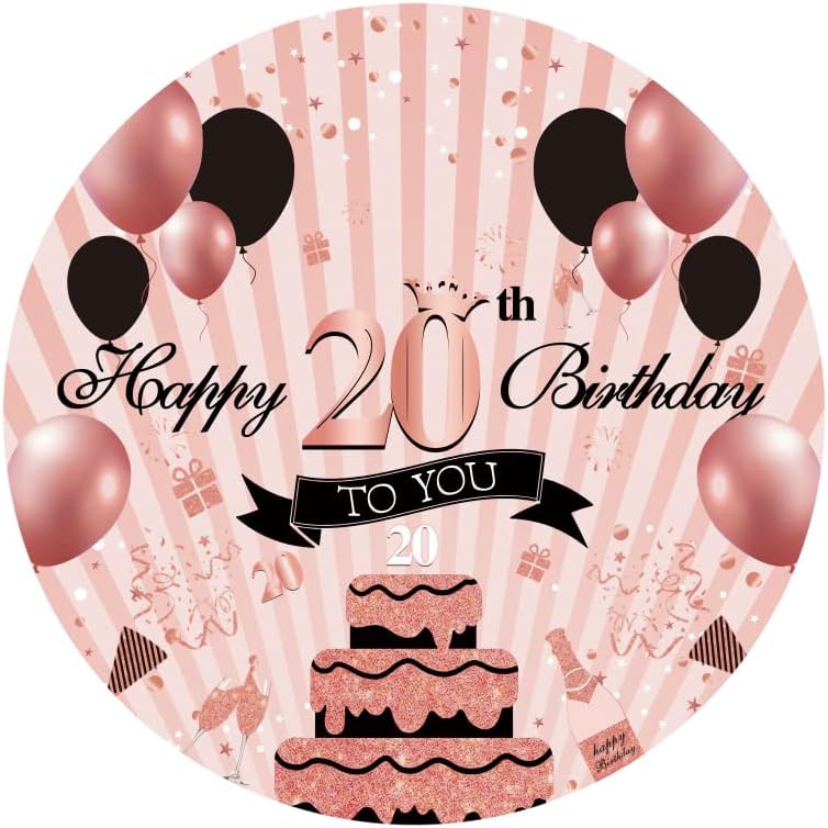 Yeele 6.5x6. 5ft Mutlu 20th Doğum Günü Yuvarlak Zemin Kızlar için Gül Siyah Balonlar Konfeti Kek Pembe Çizgili Doğum