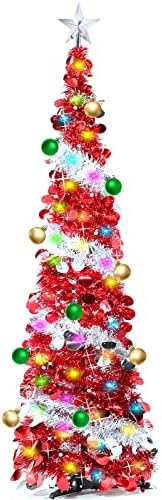 TURNMEON 5 Ft Tinsel Noel Ağacı zamanlayıcı ile top süsler 50 renk ışıkları 3D yıldız, Pop up Noel Ağacı Pil Kumandalı