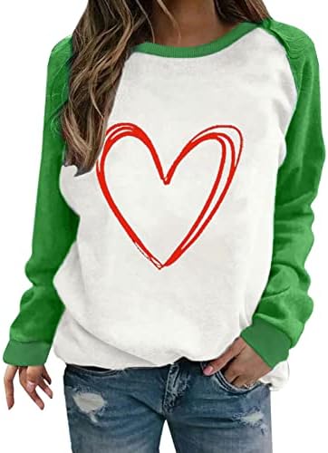 Sevgililer Günü Kadınlar İçin Sevimli Kalp Grafik Tişörtleri Casual Renk Blok Raglan Gömlek Tişörtü Kazak Tunik T