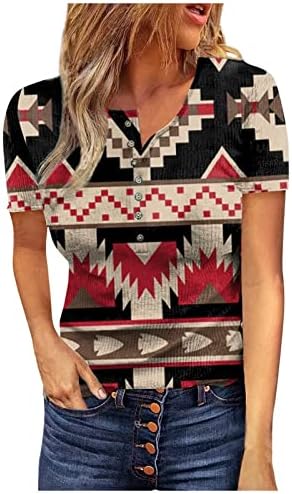 Bayan Geometrik Baskı Vintage Tee Tops Aztek Grafik T - Shirt Rahat Gevşek Kısa Kollu Bluz Batı Etnik Tarzı Gömlek