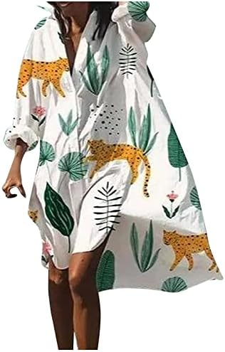 Kadın Yaz Elbiseler 2023 Moda Çiçek Baskı Uzun Kollu Düğmeler Hırka Gevşek Gömlek Elbise Elbiseler