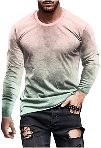Erkek Uzun Kollu Serin T Shirt, Çizgi Renkli 3D Baskı Yuvarlak Boyun Kazak tişört Üst, Renk Bloğu Moda Gömlek
