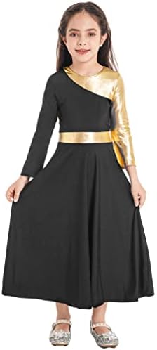 FEESHOW Kızlar Metalik Çapraz Liturjik Övgü Dans Elbise Lirik Giyim Renk Blok Tam Boy Elbise Ibadet